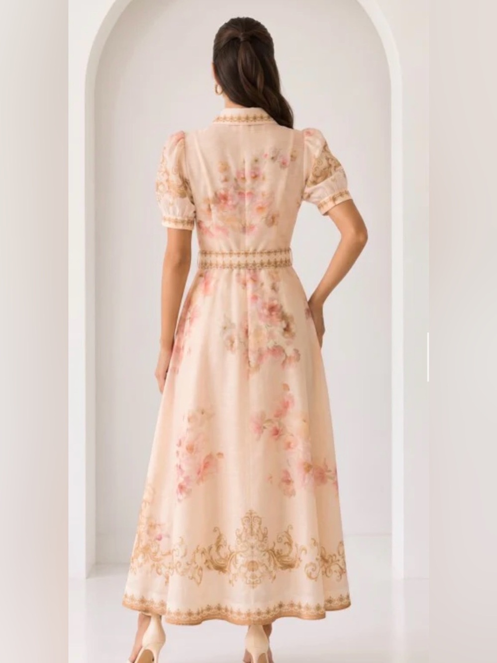 Elegant Cream Floral Belted A-Line Dress - Picture 2 of 4